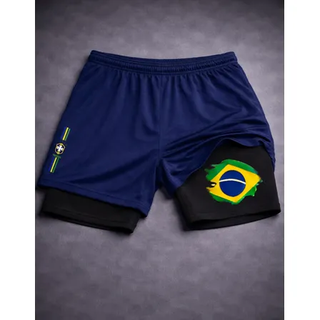Bermuda Compressão 2 Em 1- Brasil 02 Masculina Dry Fit Com