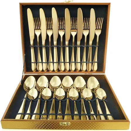 Kit 24 Talheres Luxo Premium Faqueiro Dourado Com Maleta Dourado