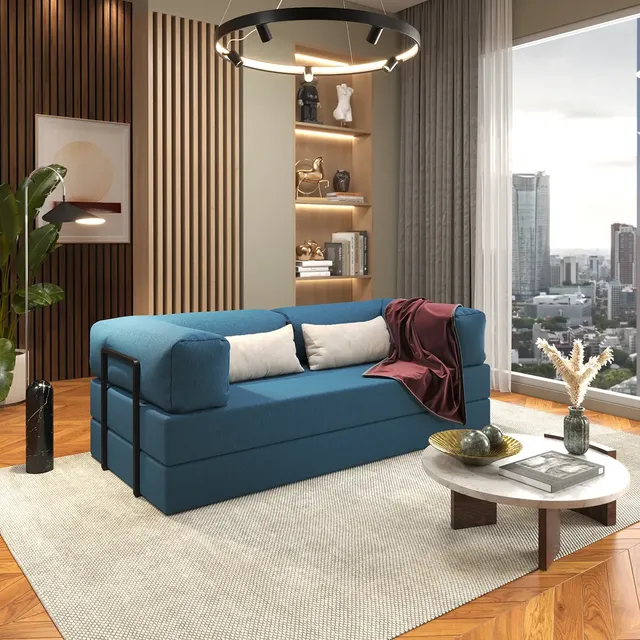 Sofá Cama 2 Lugares Casal Na Caixa Todo Em Espuma Cor Azul