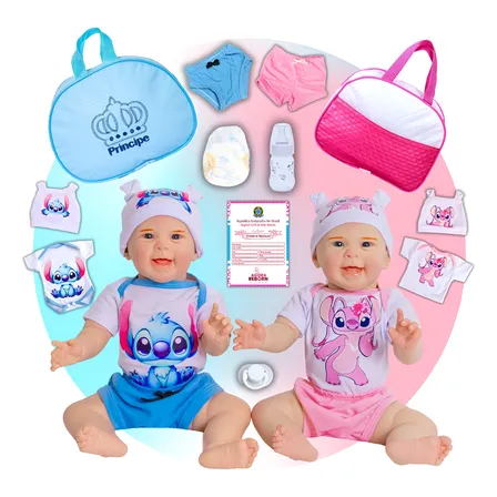 Bebê Reborn Boneca Mayze Gêmeos Stitch E Angel Com Bolsa