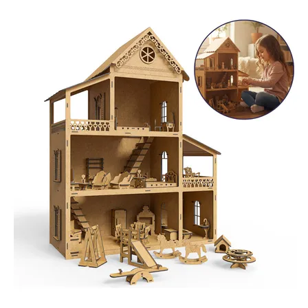 Casinha De Bonecas Mdf 60cm + Kit 36 Móveis Desmontados