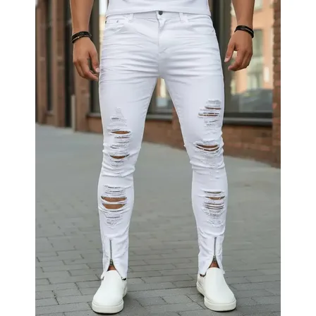Calça Rasgada Com Zíper Super Skinny Masculina