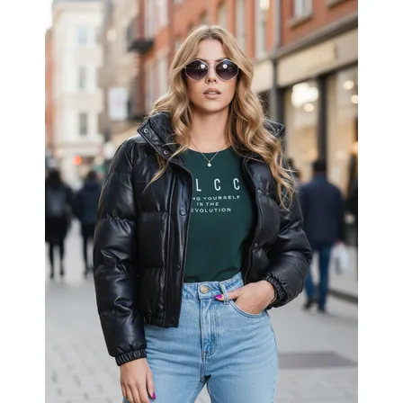 Jaqueta Puffer Feminina Couro Fake Cropped Bobojaco Forrada