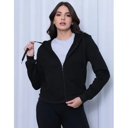 Casaco De Moletom Flanelado Com Ziper Inverno Frio Bolso