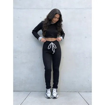 Conjunto Tricô Feminino Calça E Cropped Manga Longa Casual