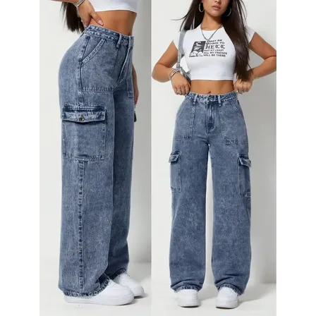 Calça Jeans Feminina Cargo Pantalona Wide Leg Cintura Alta