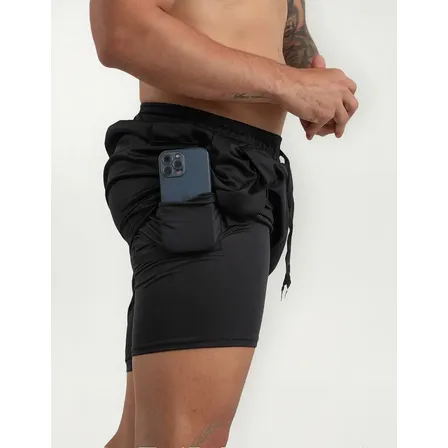 Short 2 Em 1 Bermuda Dry Fit Esportiva Com Bolso Interno