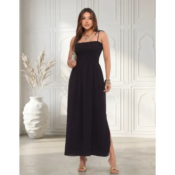 Vestido Longo Feminino Casual Lastex De Alça Fenda Promoção