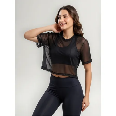 Blusa Tule Transparente Academia Feminina Esporte Fitness