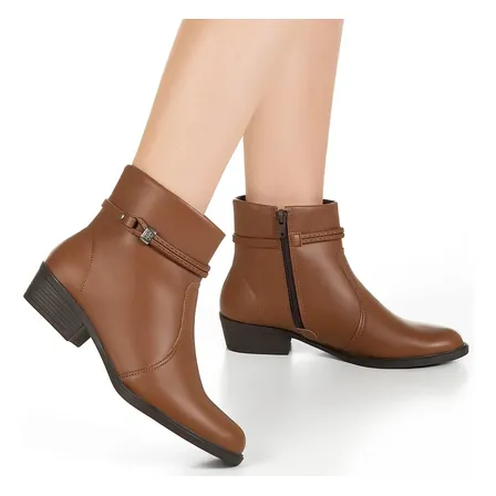 Bota Casual Cano Curto Zíper Salto Baixo Detalhe Lateral