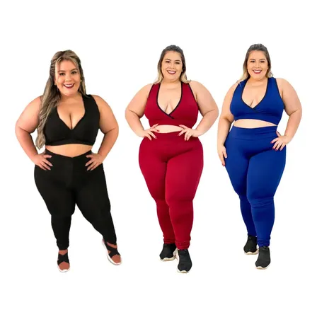 Kit 3 Conjuntos De Academia Plus Size Calça E Top