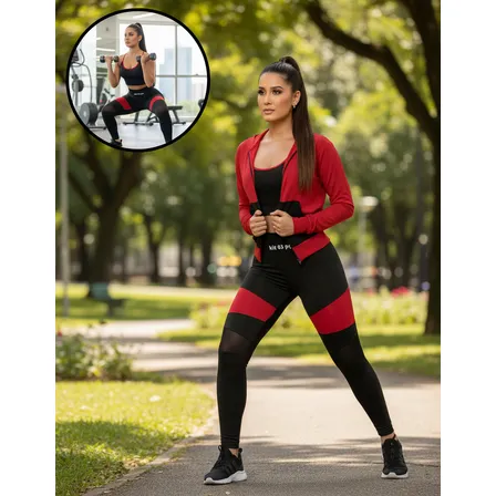 Kit Conjunto Calça Legging Top Jaqueta Feminino Fitness 3pçs