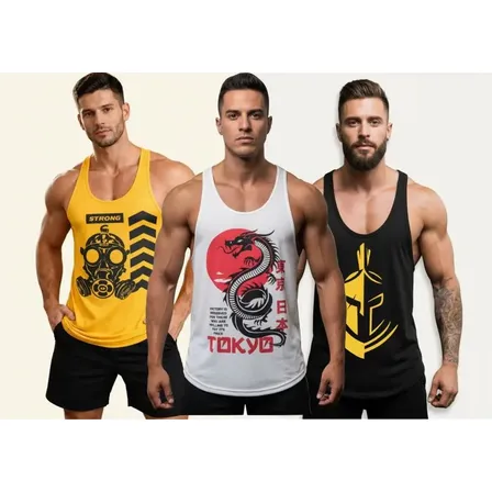 Kit 3 Camisetas Regatas Super Cavadas Academia Estampada