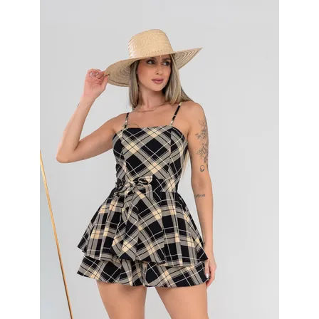 Macaquinho Vestido Xadrez Feminino Rodado Estampado