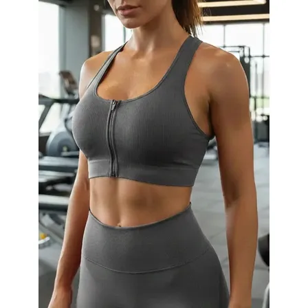 Top Fitness Canelado Nadador Zíper Frontal Boa Sustentação