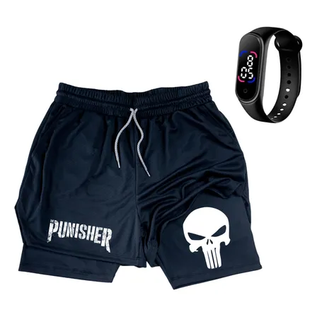Short Compressão 2 Em 1 Academia Punisher Justiceiro+relógio