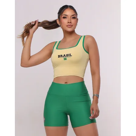 Conjunto Top E Short Brasil Copa Tendência Feminino Fitness