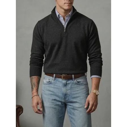 Suéter Masculino Zíper Elegante Gola Alta Inverno Old Money