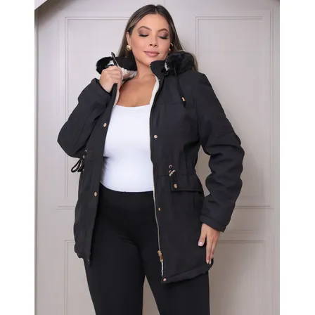Jaqueta Parka Plus Size Casaco Capuz Removível Moda Inverno
