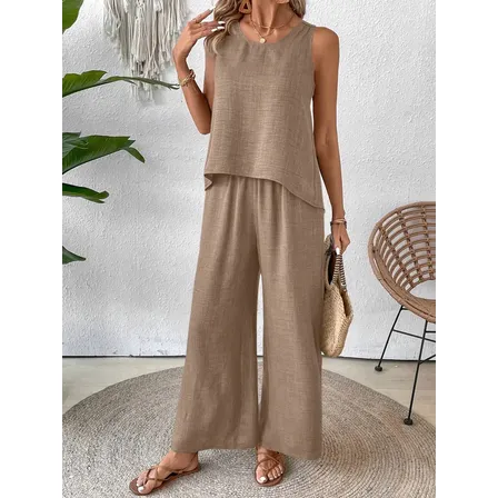 Conjunto Feminino Regata Vazada E Calça Larga Casual
