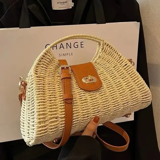Bolsa De Praia Em Palha Elegante De Mão + Alça Comprido