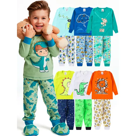 6 Peças Pijama Infantil Brilha No Escuro Meninos Inverno