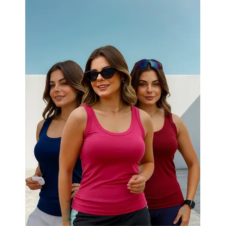 Kit 3 Regata Blusa Feminina Viscose Academia Trabalho Lazer