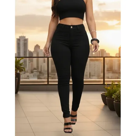 Calça Jeans Feminina Empina Bumbum Cintura Alta Lycra Preta