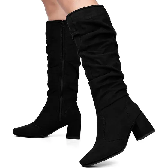 Bota Feminina Lumiss Suede Cano Alto Enrugado Salto Baixo