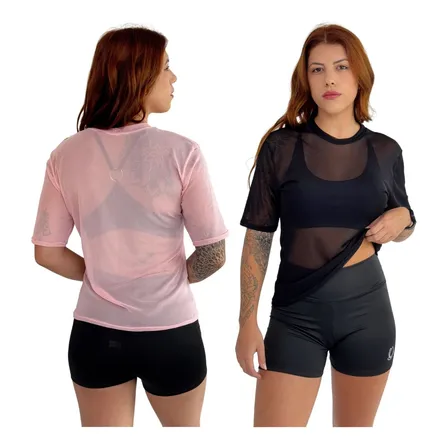 Kit 2 Camisetas Tule Transparente Academia Fitness Feminino