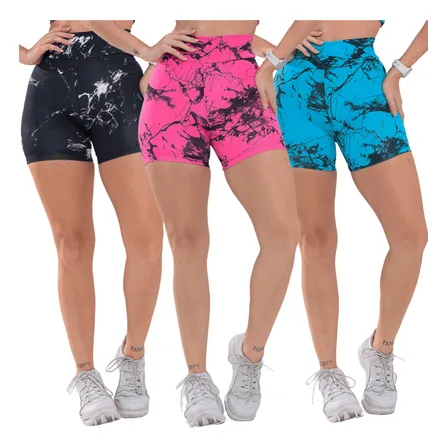 Kit 3 Shortinho Marmorizado Academia Caminhada Treino