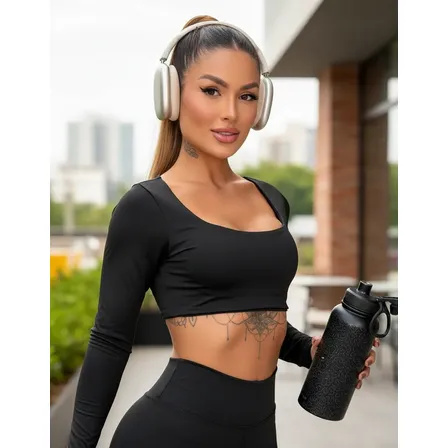 Top Cropped Feminino Manga Longa Fitness Suplex Premium Leve