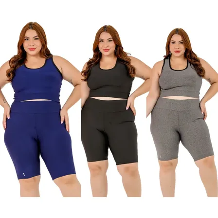 Kit 3 Conjunto Plus Size Academia Top Short Fitness Suplex