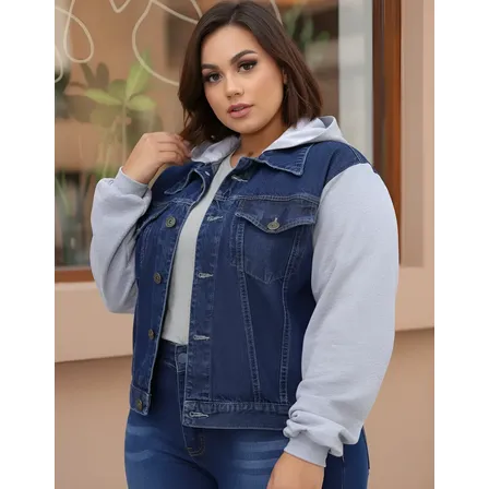 Jaqueta Jeans Moletom Feminina Plus Size