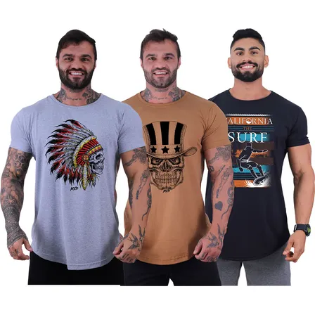 Kit 3 Camisetas Masculina Longline Oversized Long Floral Mxd