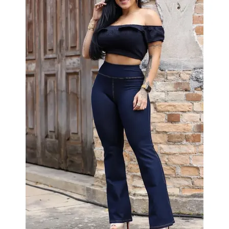 Calça Feminino Flare Imita Jeans Com Bolso Atras P M G Gg