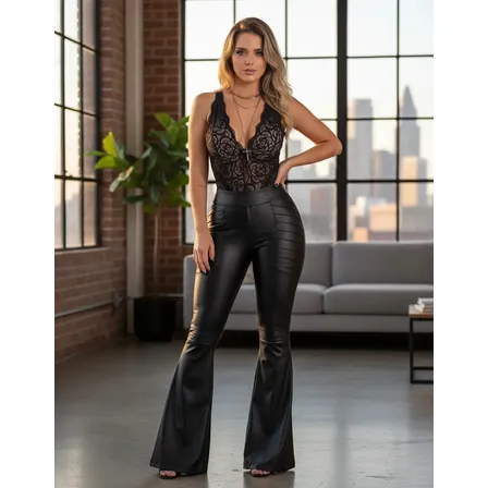 Calça Feminina Super Boca Flare Cirre Couro Fake Modeladora