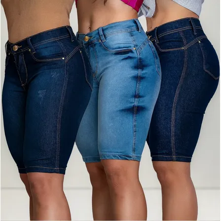 Kit 3 Short Jeans Feminino Cós Alto Ciclista