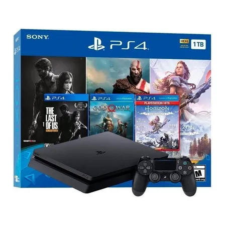 Sony PlayStation 4 Slim 1TB Mega Pack: The Last of Us/God of War/Horizon Zero Dawn cor preto onyx 2023