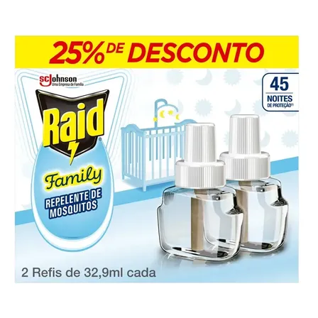 Repelente Eletrico Líquido Raid Family 45 Noites 2 Refis de 32,9ml
