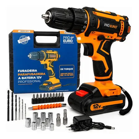 Parafusadeira Furadeira 12v Sem Fio 10mm 1 Bateria 20+1 Torque 2 Velocidades Led Kit Completo Com Maleta Laranja 110v/220v Pró Euro 127/220v