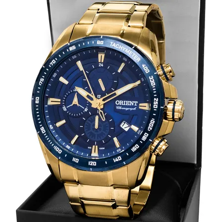 Relógio Orient Masculino Dourado A Prova D'água 100 Metros Cor do bisel Azul Cor do fundo Azul