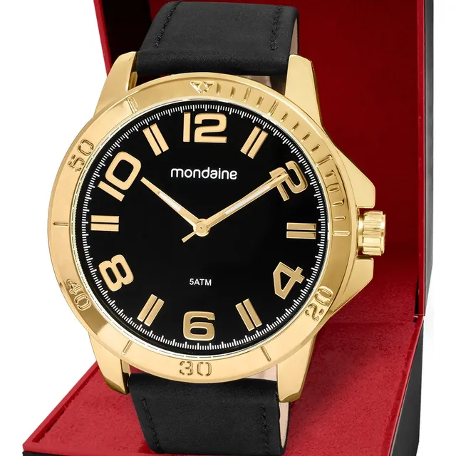 Relógio Masculino Casual Couro Preto Mondaine Cor Do Bisel Dourado