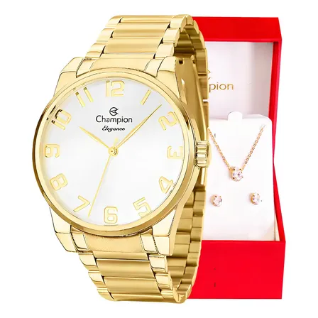 Kit Relógio Feminino Champion Dourado Analógico Cn27652w Pulseira Em Aço Inoxidável Prova D´agua 50 Metros + Colar E Brincos Presente Perfeito Branco