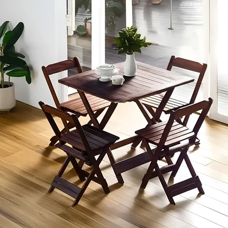 Jogo De Mesa Dobrável Bistro 70x70 4 Cadeiras Madeira Maciça Marrom Liso