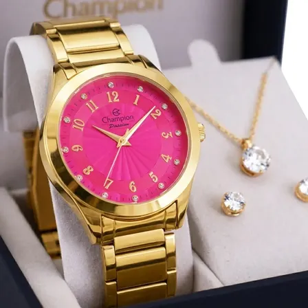 Relógio Feminino Champion Dourado Fundo Rosa com Pulseira em Aço Inoxidável Prova D´Agua 50 metros + Kit Colar e Brincos Presente Perfeito para Namorada Mãe e Esposa