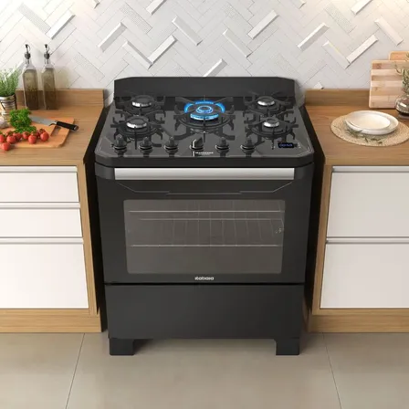 Fogão 5 Bocas Itamaster Digital Itatiaia Preto Com Mesa De Vidro E Trempe Ferro Fundido 127/220v