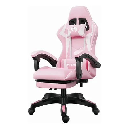 Cadeira Gamer Python Fly Rosa/branco Reclinável 150kg Apoio De Pés Couro Sintético