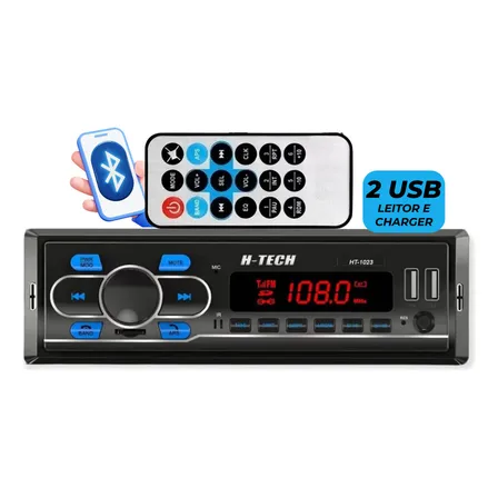 Auto Rádio MP3 H-Tech HT-1023 Bluetooth USB SD FM Controle Remoto