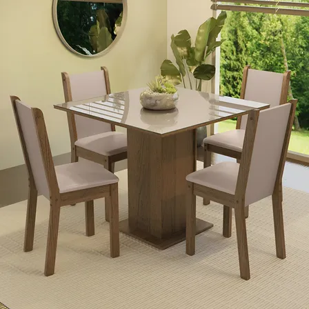 Sala Jantar Mesa Tampo Vidro 4 Cadeiras Tifani Madesa Rcb Cor Rustic/Crema/Sintético/Bege MDJA0401657GBE